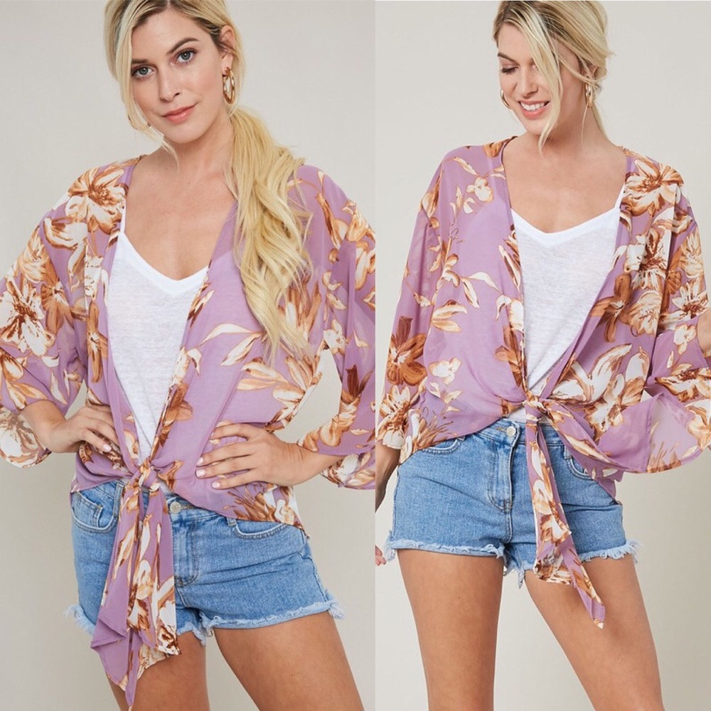 Pink Floral Self Tie Kimono Top